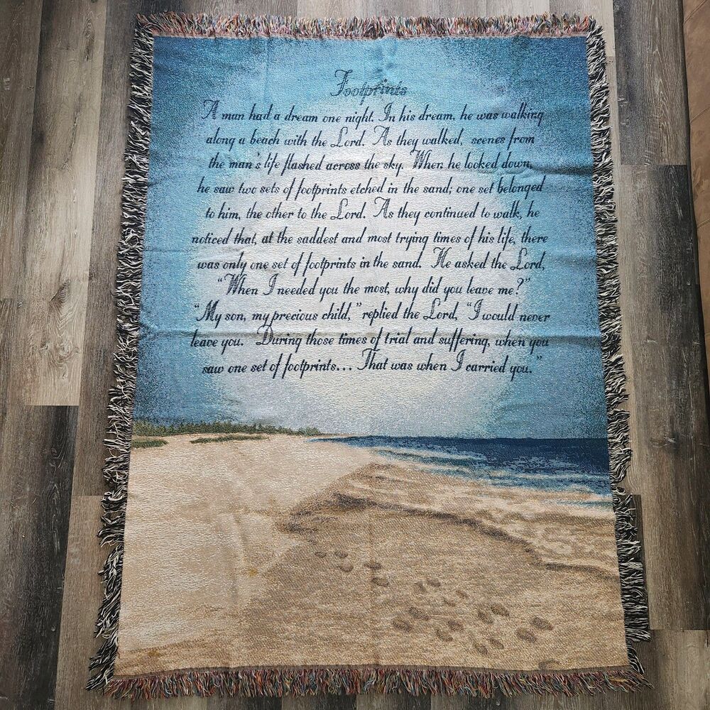 Footprints in the Sand Christian Poem Tapestry Throw Blanket Afghan 49x68"